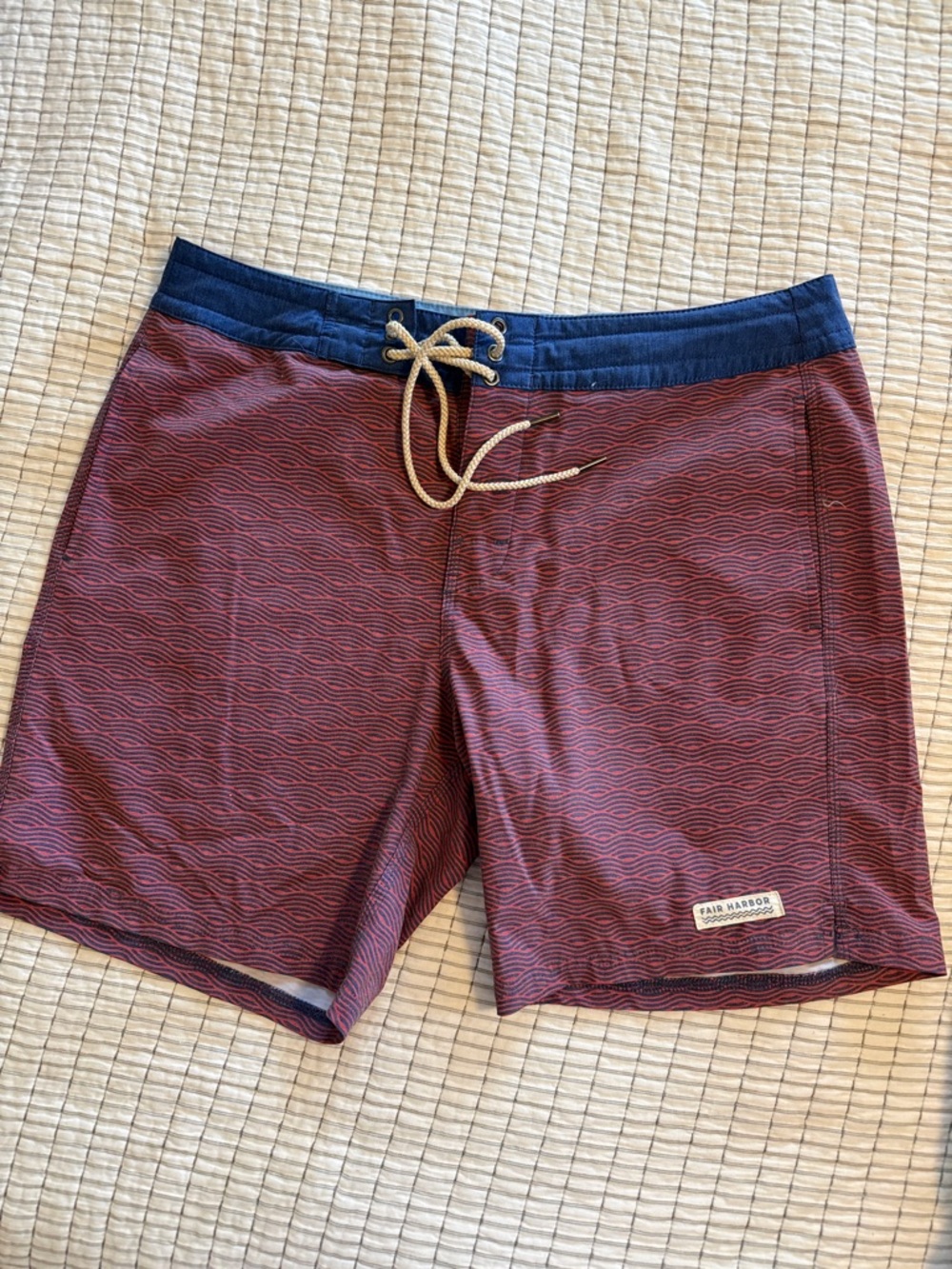 Fair Harbor Men's Burgundy Wave-Pattern Swim Shorts with Navy Waistband